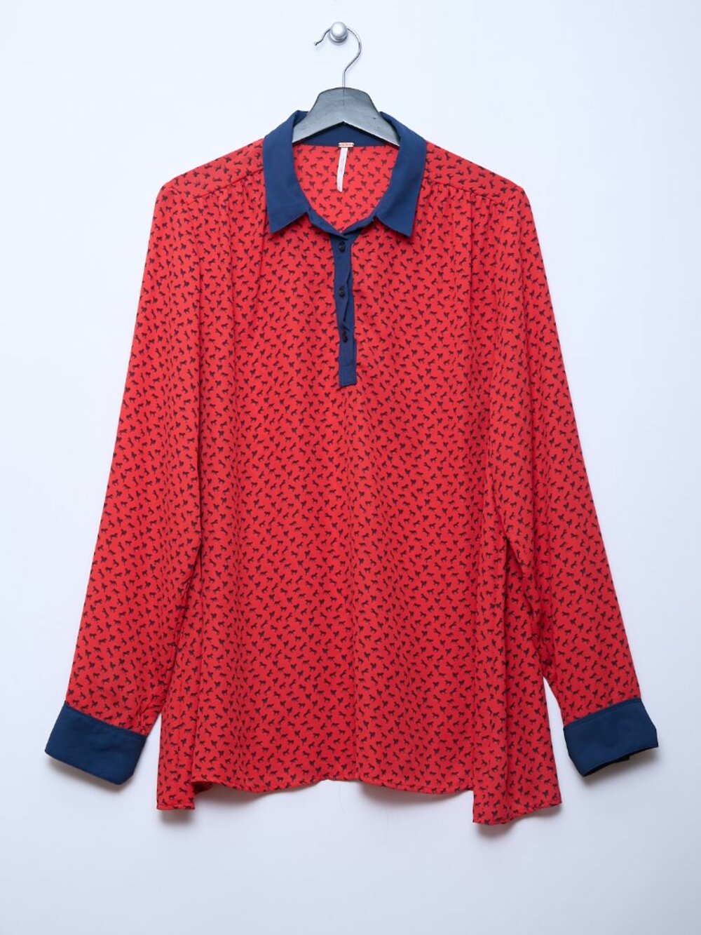 Free People Red Navy Horse Print Collar Semi Sheer Oversized Boyfriend Blouse L